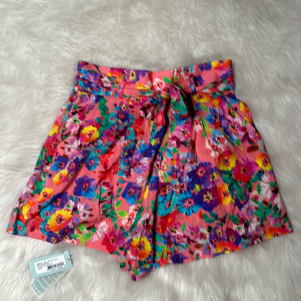Luli Fama size L Bermuda short electric coral water blossoms tie waist.